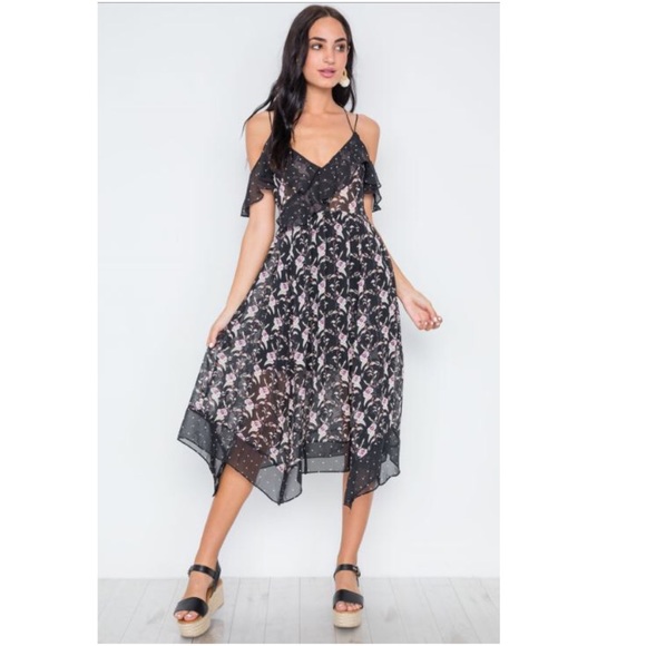 Black Floral/Polka Dot Midi Dress - Picture 1 of 6